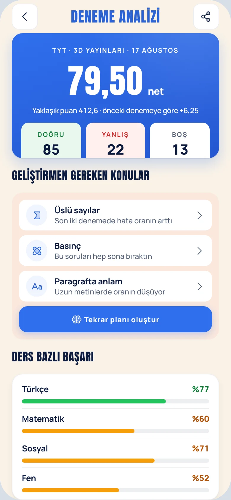 Bilgitch deneme analizi: ders bazında net ve eksik konular