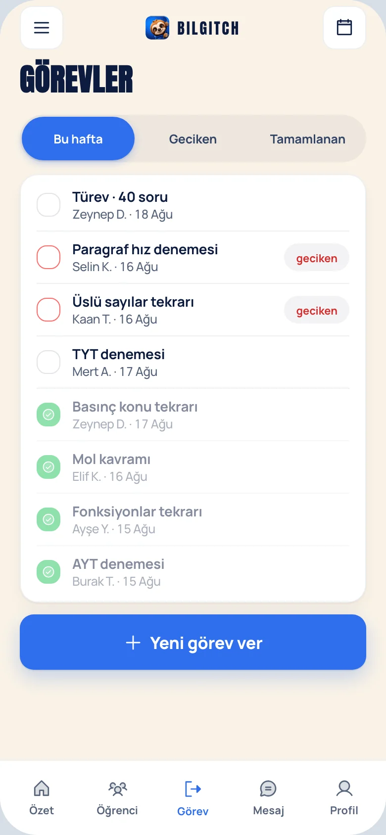Bilgitch koç paneli: öğrencilere atanan görevler