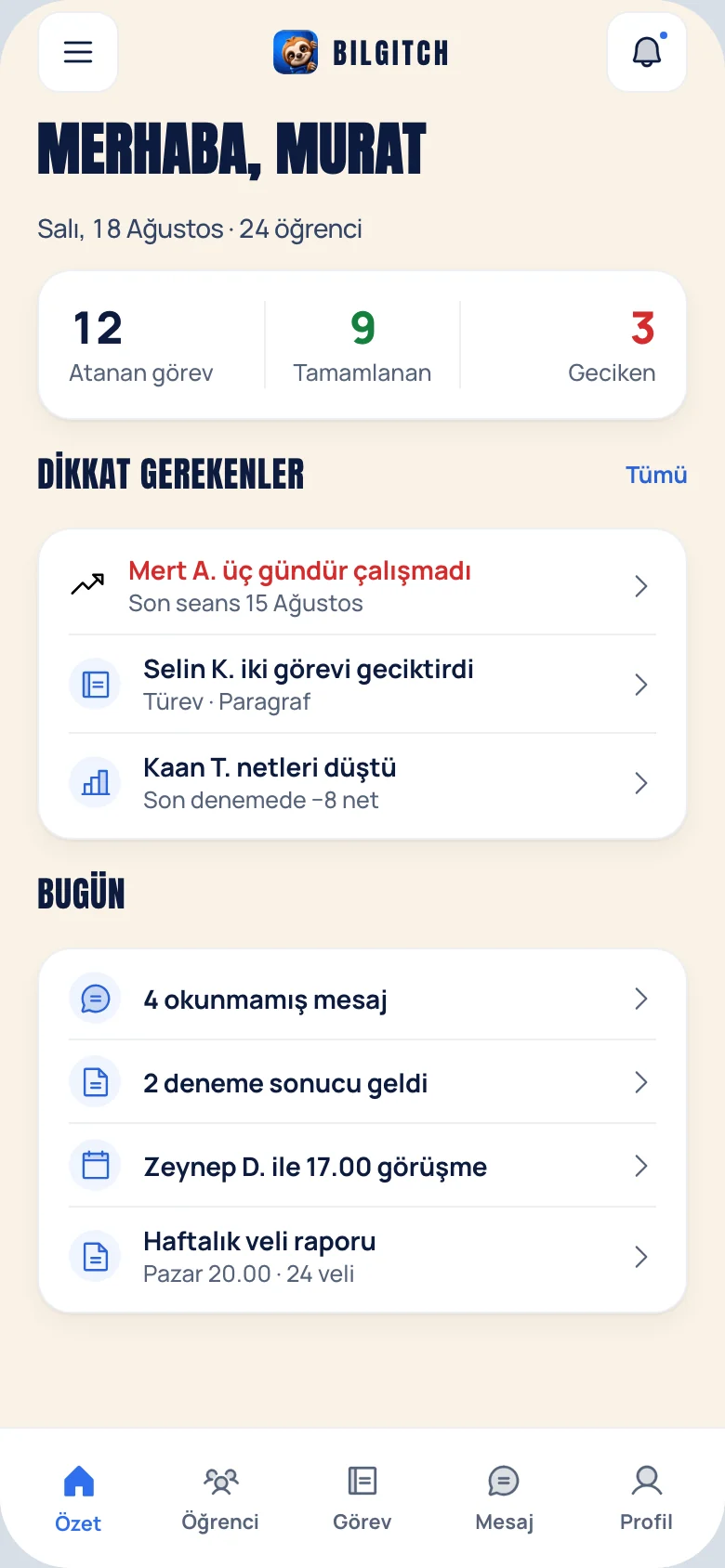 Bilgitch koç paneli: öğrenci listesi ve aktivite radarı