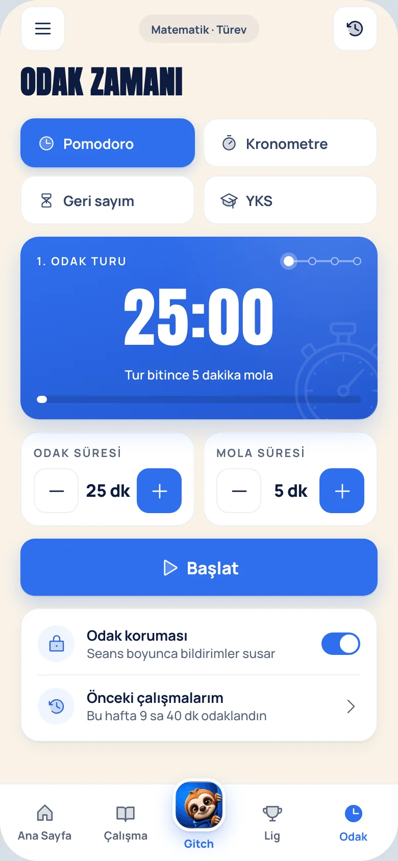Bilgitch odak seansı ekranı: Pomodoro sayacı