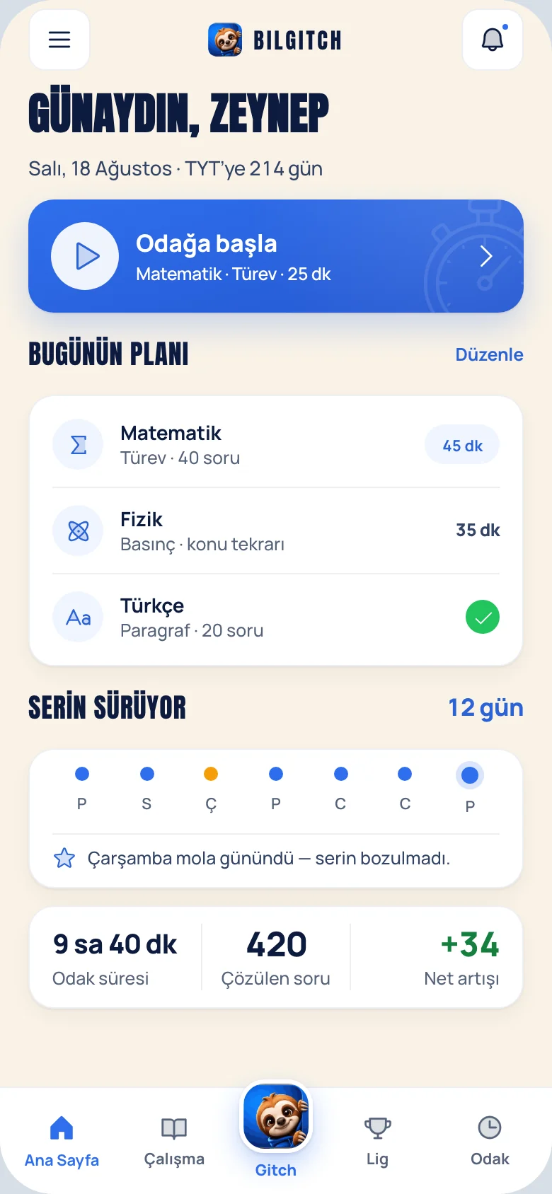 Bilgitch öğrenci ana sayfası: sınav geri sayımı ve günün planı