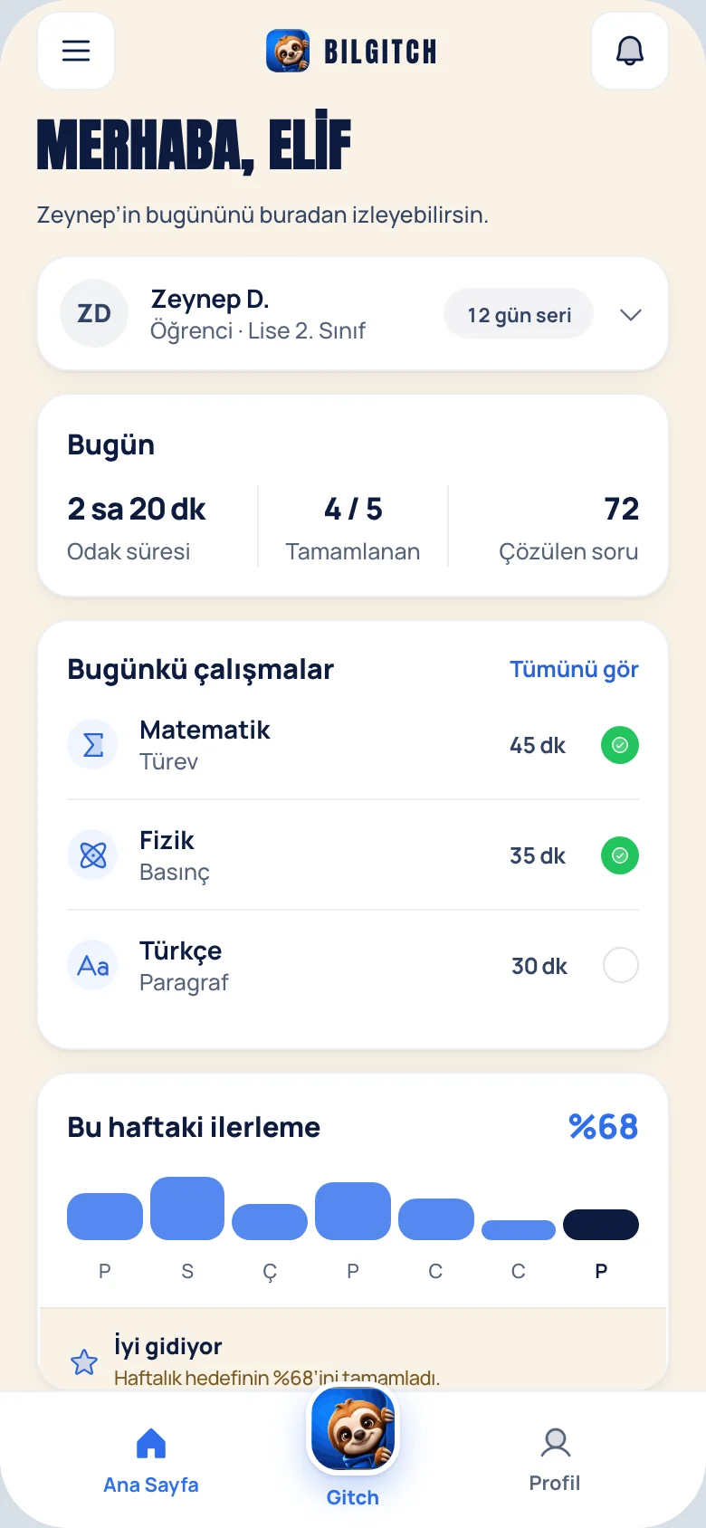Bilgitch veli ekranı: çocuğun bugünkü çalışma özeti