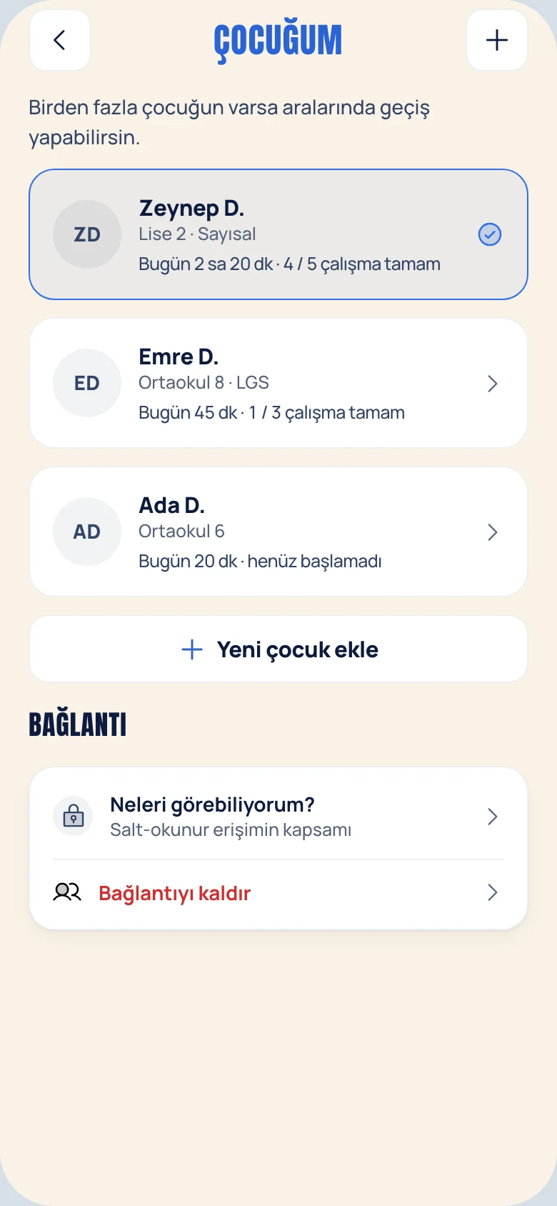 Bilgitch veli ekranı: çocuğum sayfası
